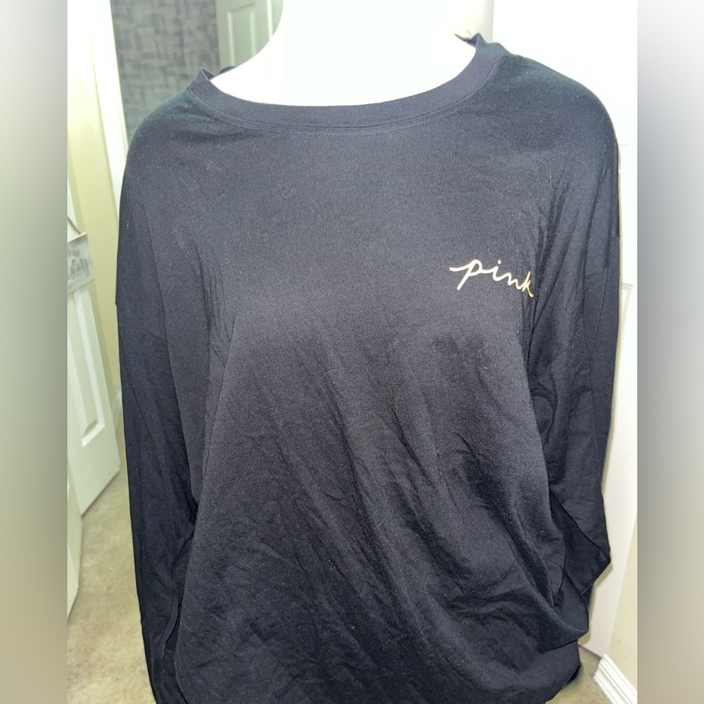 🆕 PINK Victoria's Secret Black Spooky Halloween Long Sleeve Campus Tee sz L